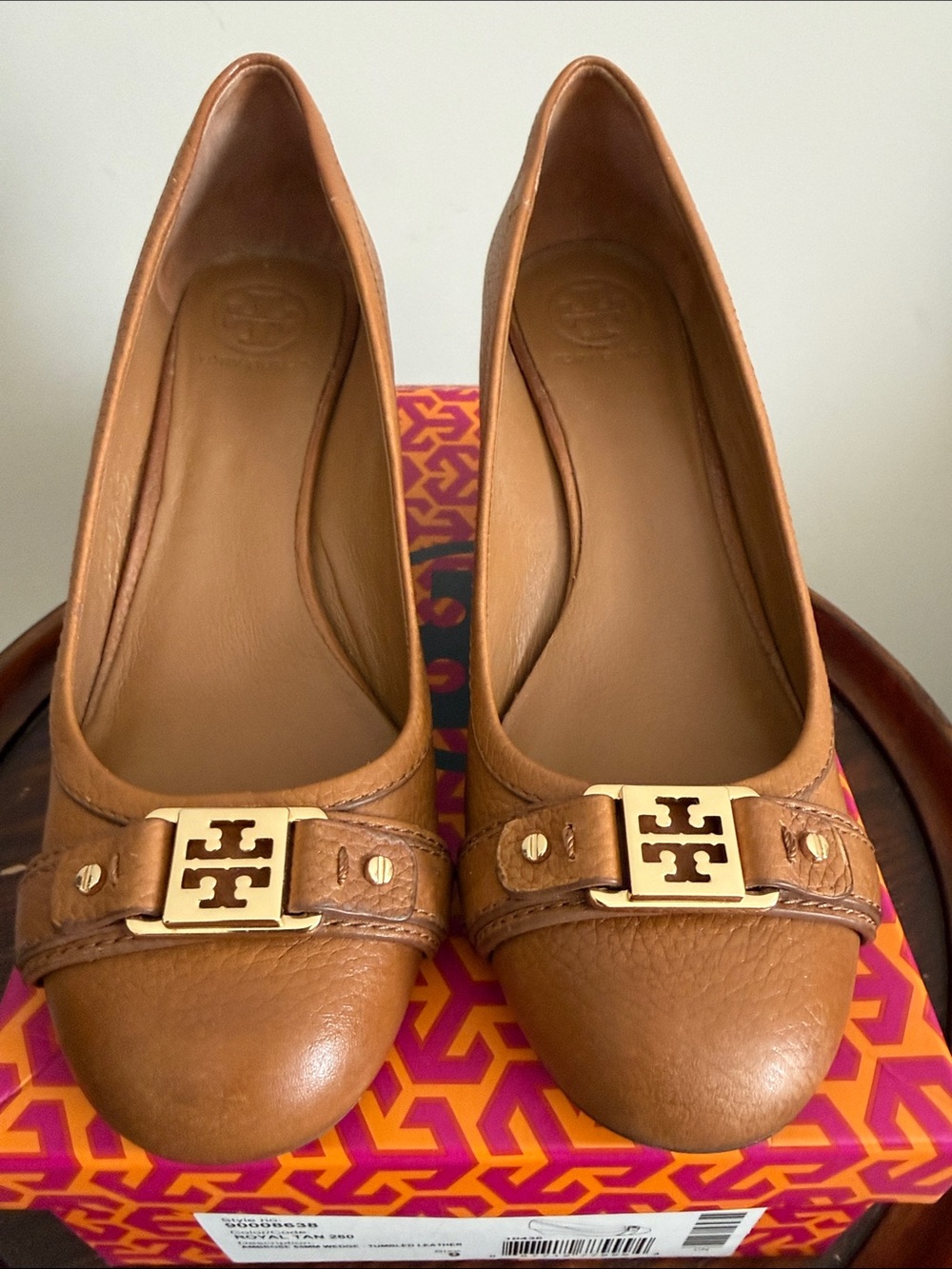 Tory Burch Tan Leather Wedge Pumps with Logo Accent